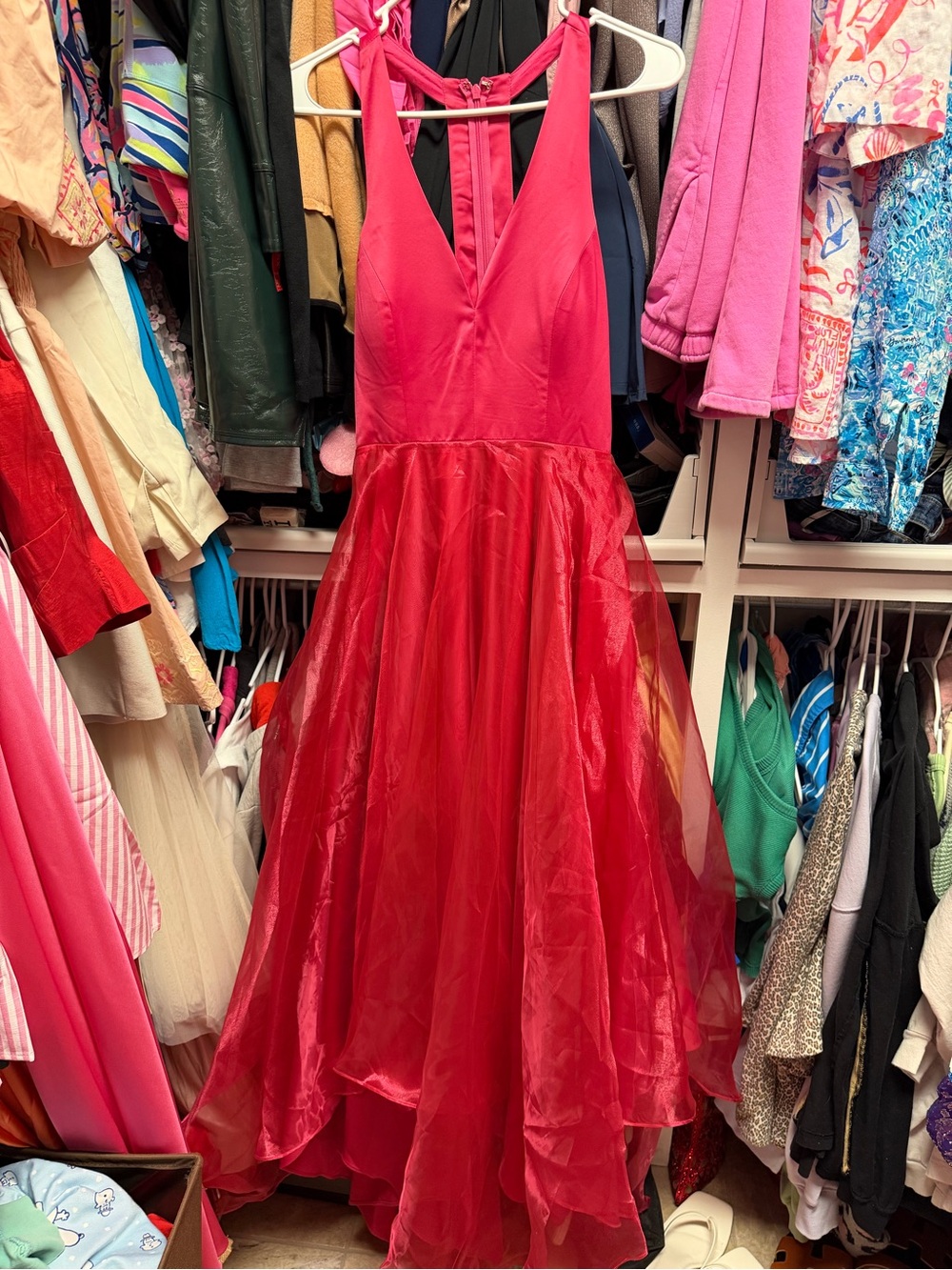 NWT Minuet Vibrant Fuschia Pink Satin V-Neck Maxi Gown